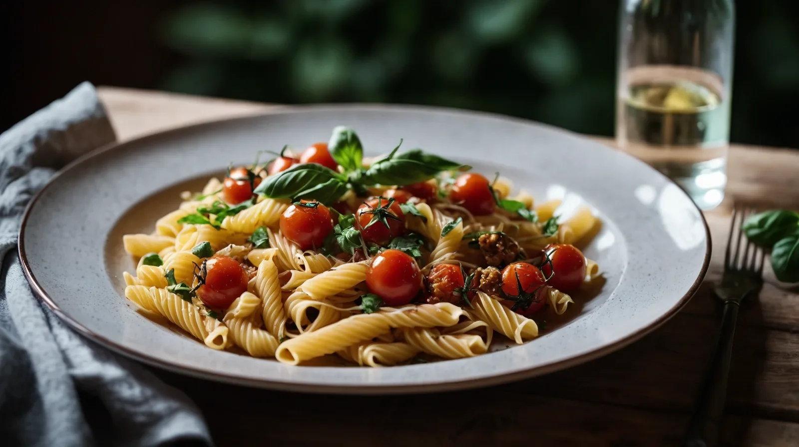 Colorful pasta twirled in a bowl with fresh basil leaves and grated parmesan on top.