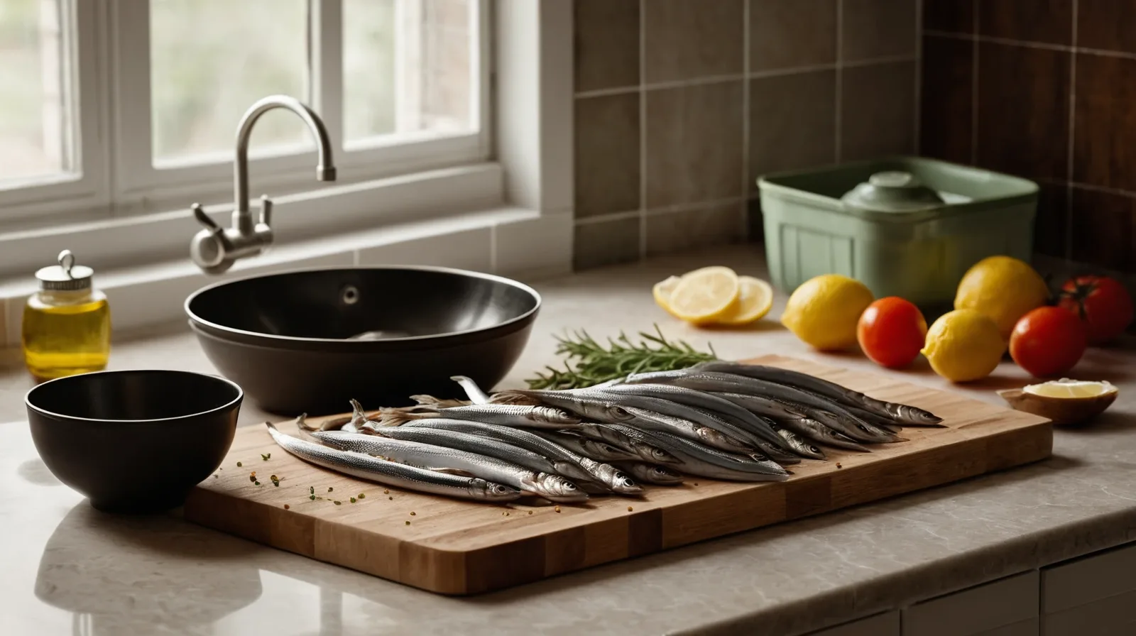 A close-up of silver anchovies on a wooden cutting board with a sprinkle of sea salt