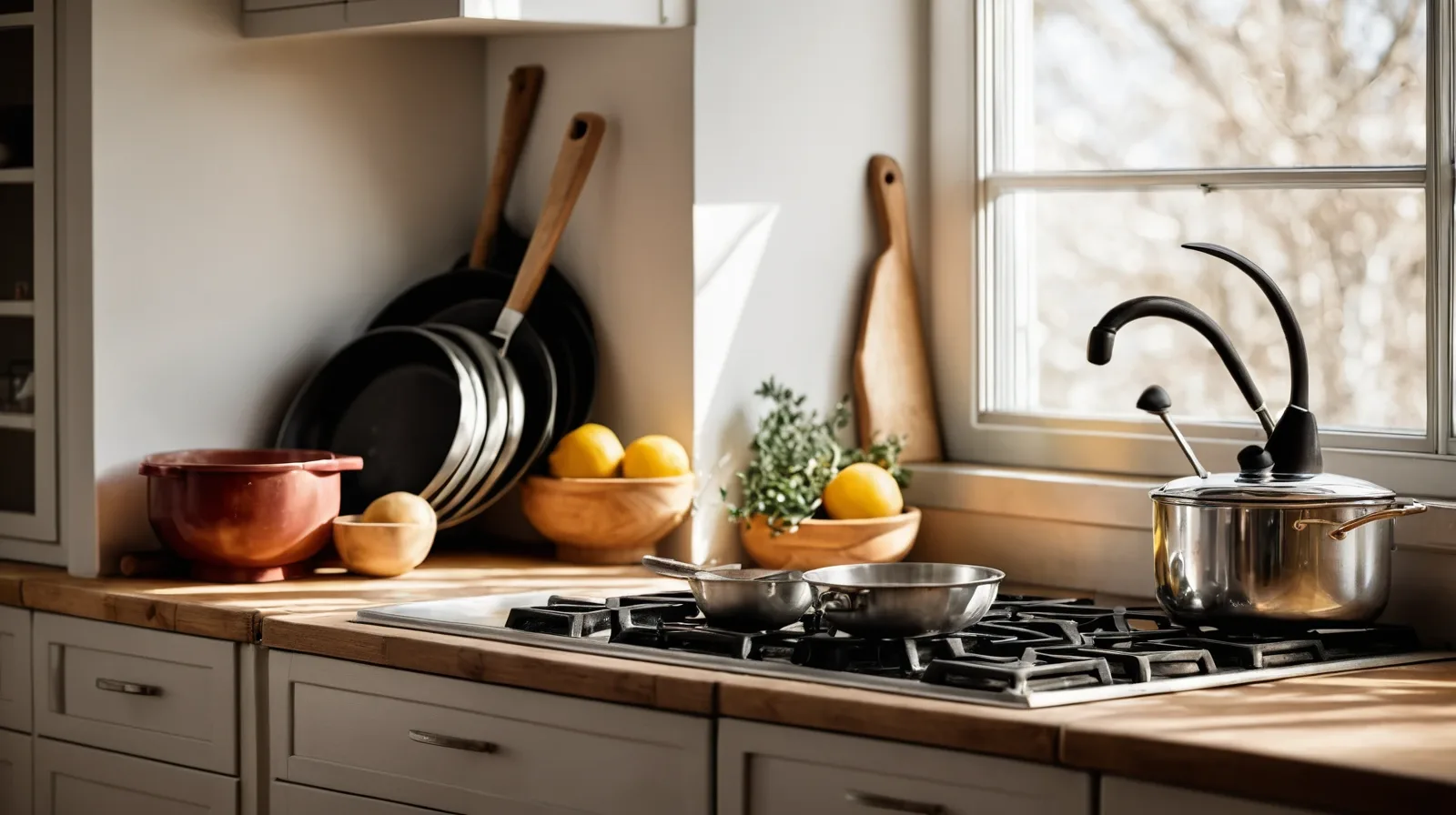 A variety of baking tools arranged neatly on a wooden countertop with a loaf of bread in the background.