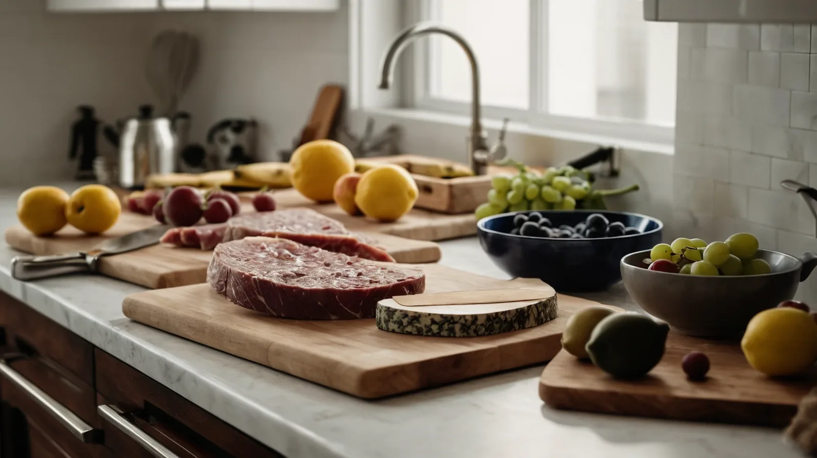 An assortment of cheeses, meats, and fruits artfully arranged on a wooden board.