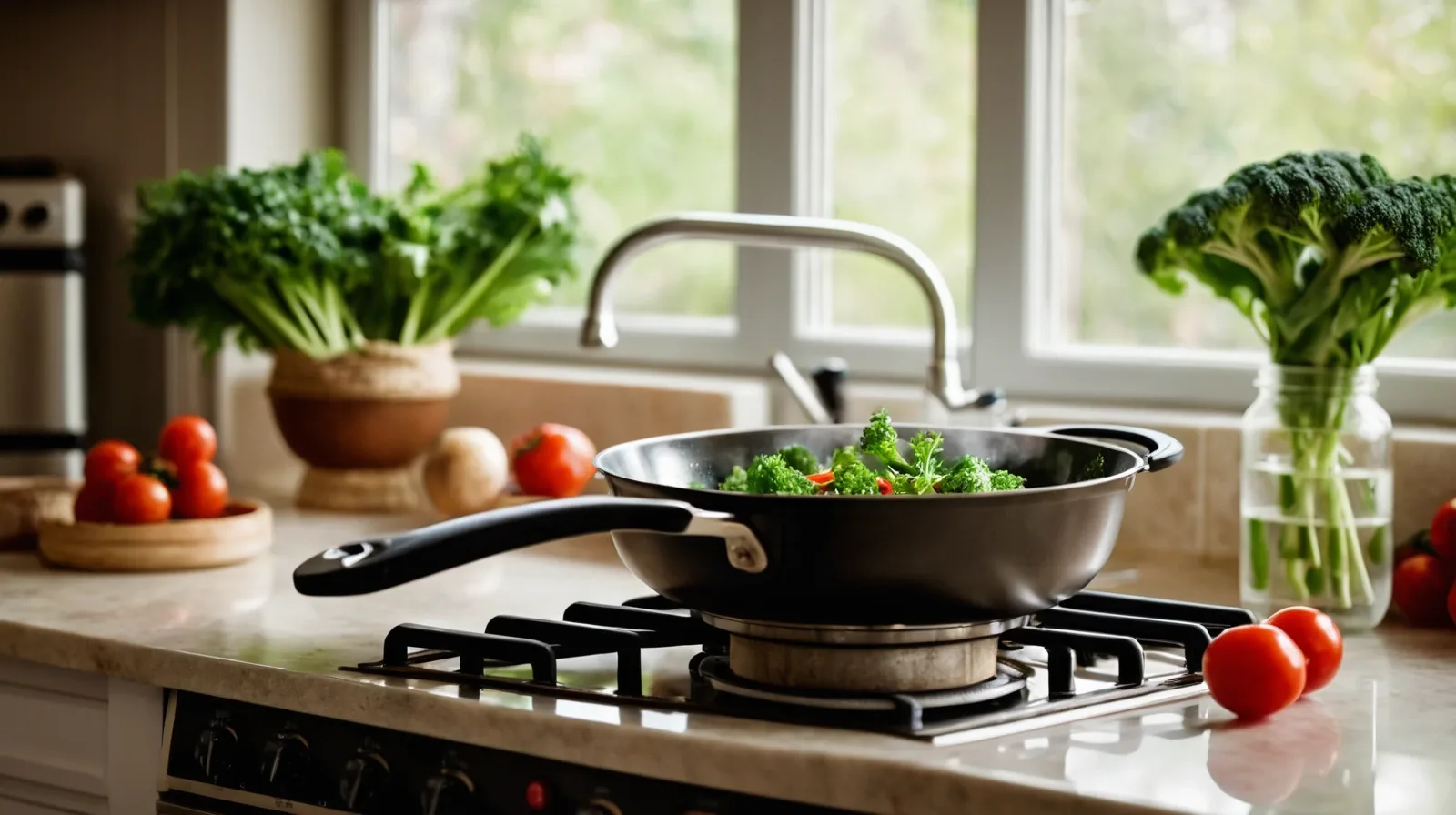 Colorful stir-fry ingredients including sliced bell peppers, broccoli florets, and julienned carrots in a pan