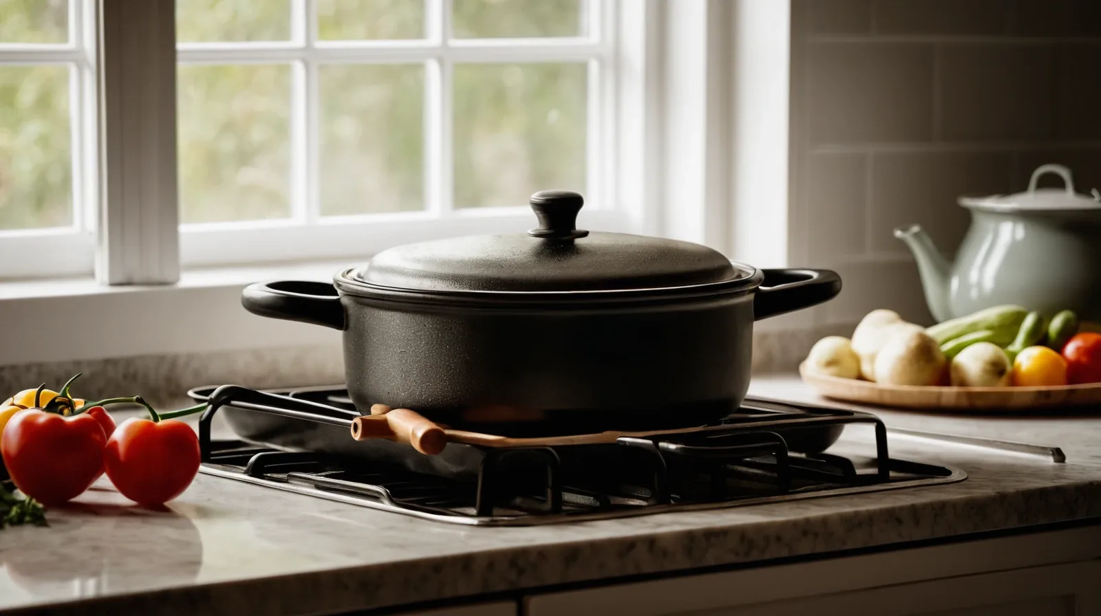 A cast iron pot with a savory beef stew, vegetables simmering in a rich broth.