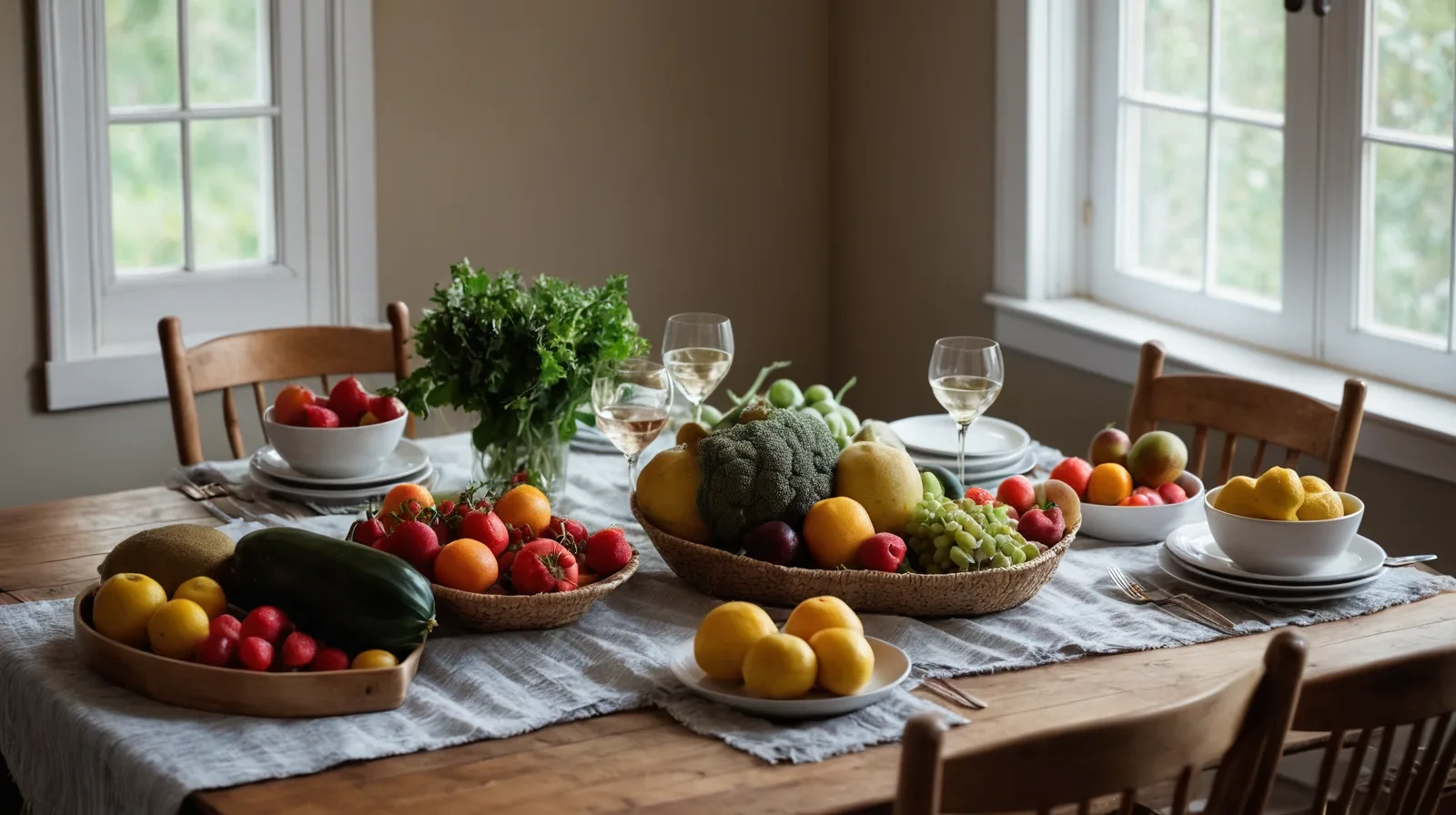 Colorful vegetables and rice piled high on a rustic wooden table