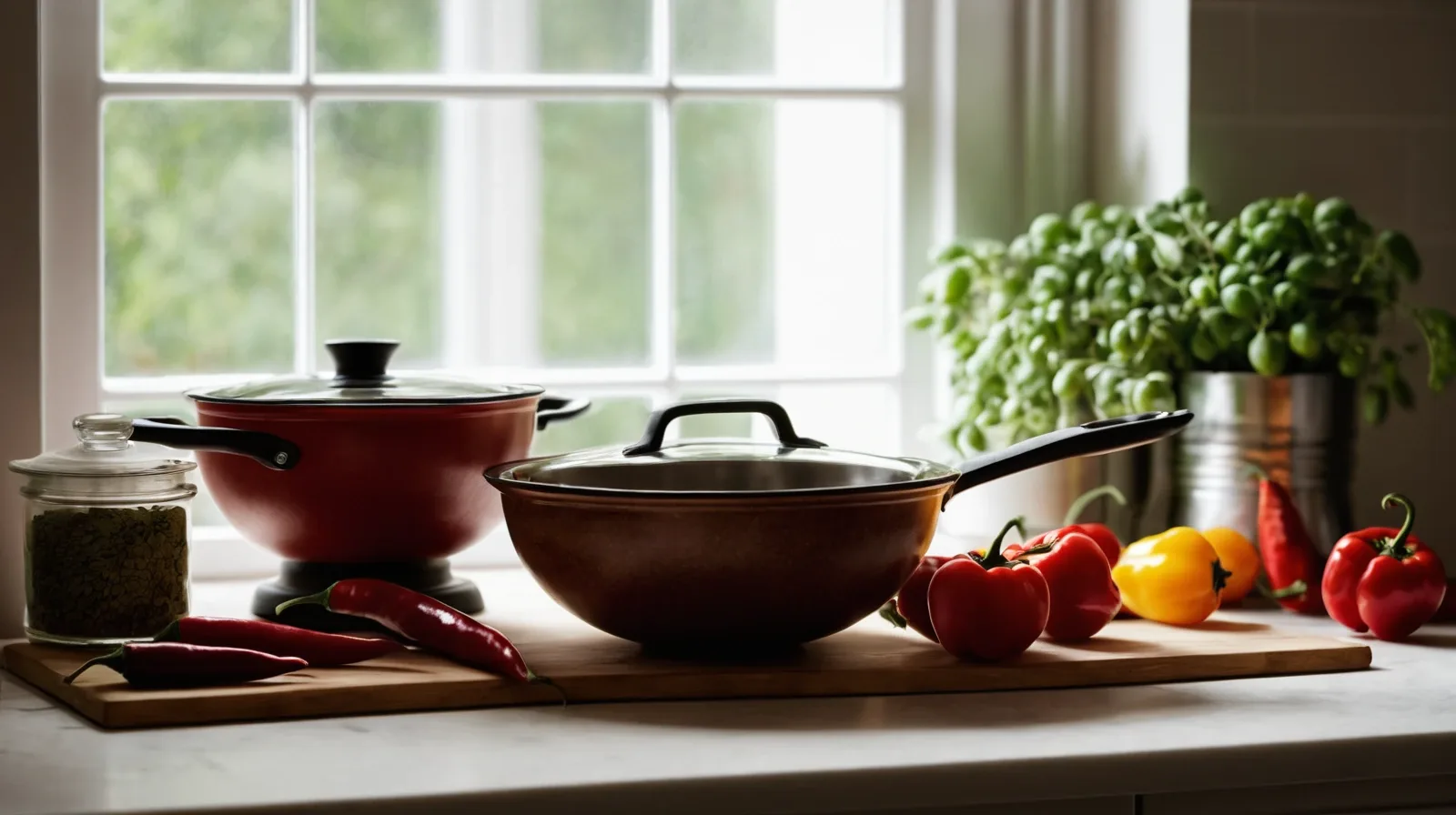 Bowl of assorted chili peppers on a wooden table