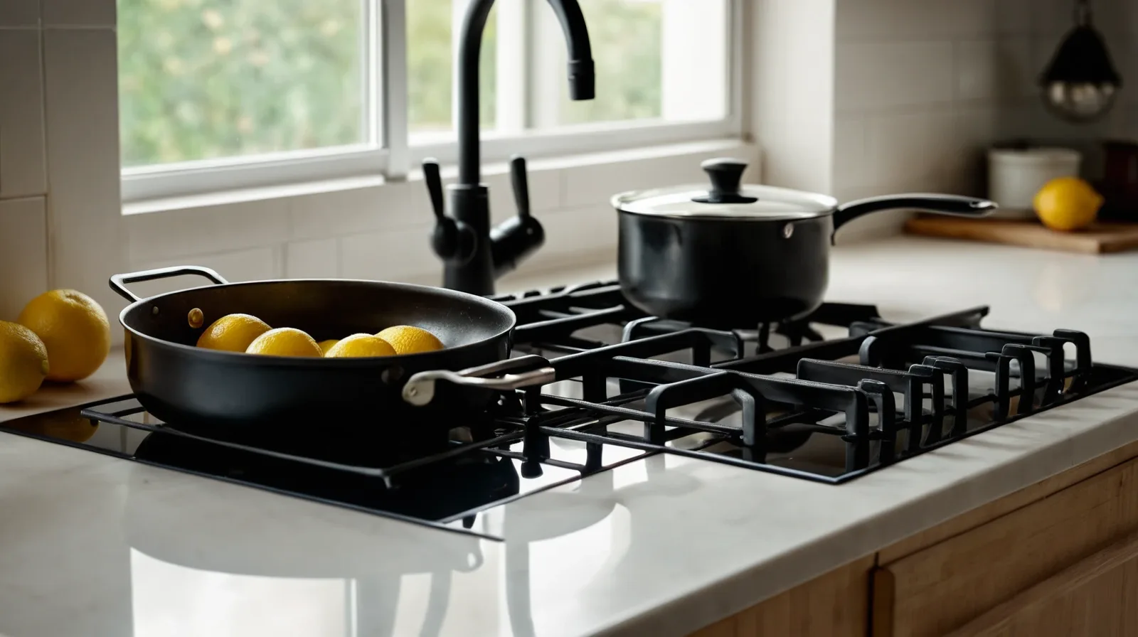 A close-up of a sizzling pan with a splash of red wine on the surface