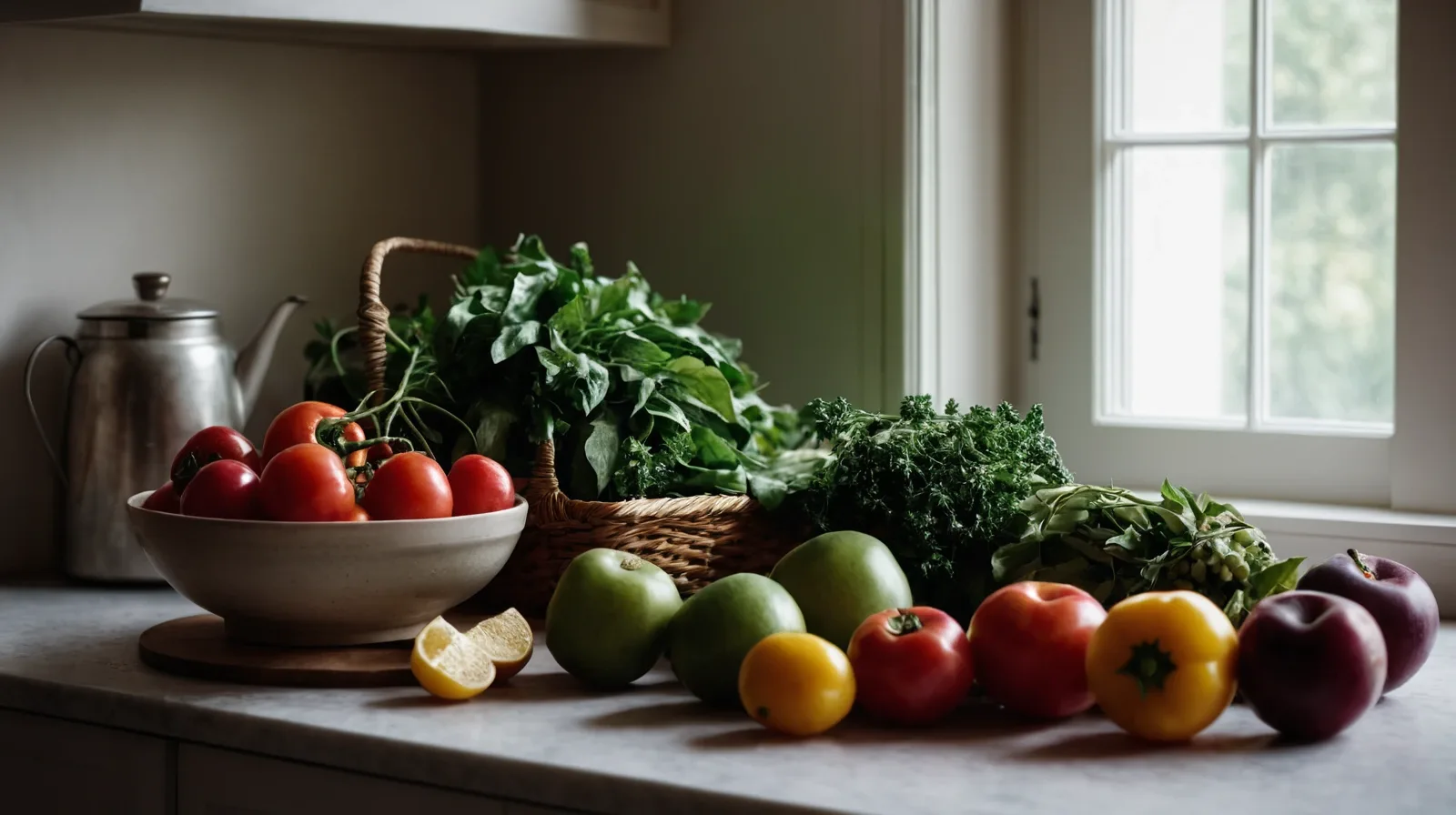 Colorful array of fresh vegetables and fruits arranged on a wooden cutting board.
