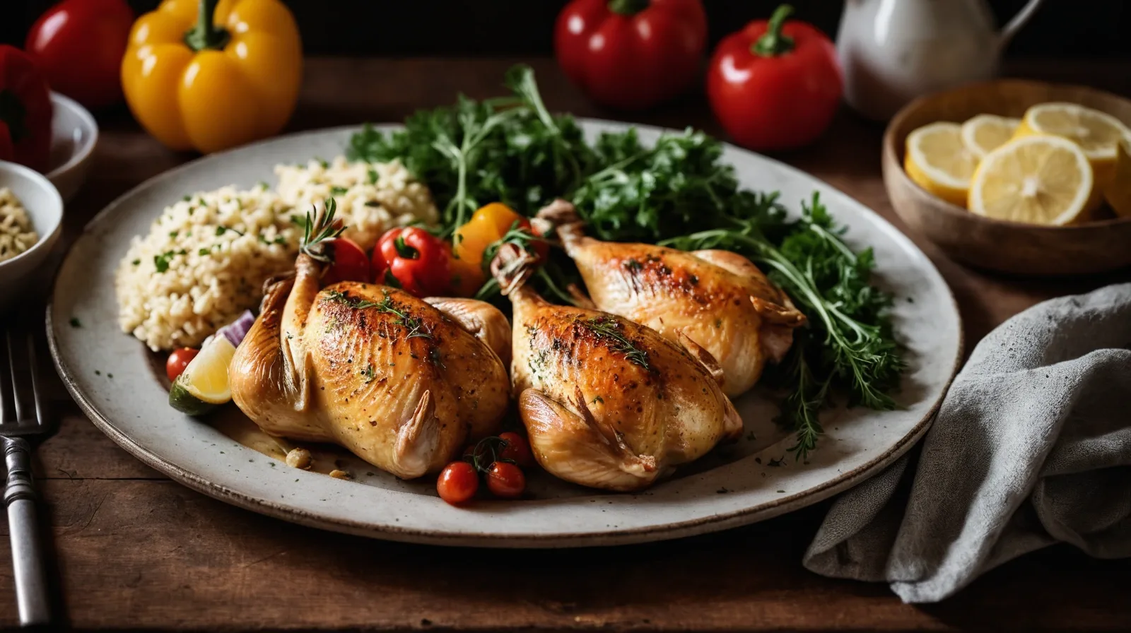 Platter of roasted chicken pieces with colorful roasted vegetables on a baking sheet.