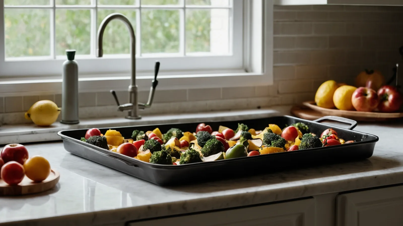 Sheet pan with assorted vegetables and chicken pieces roasting together