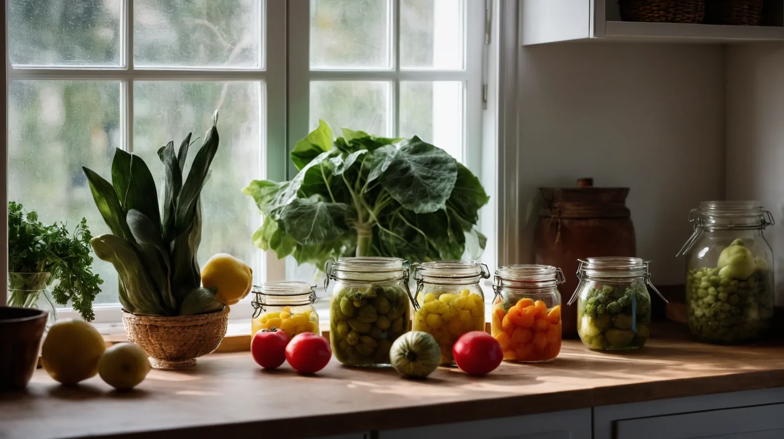 A glass jar filled with colorful fermented vegetables, including cabbage and carrots.