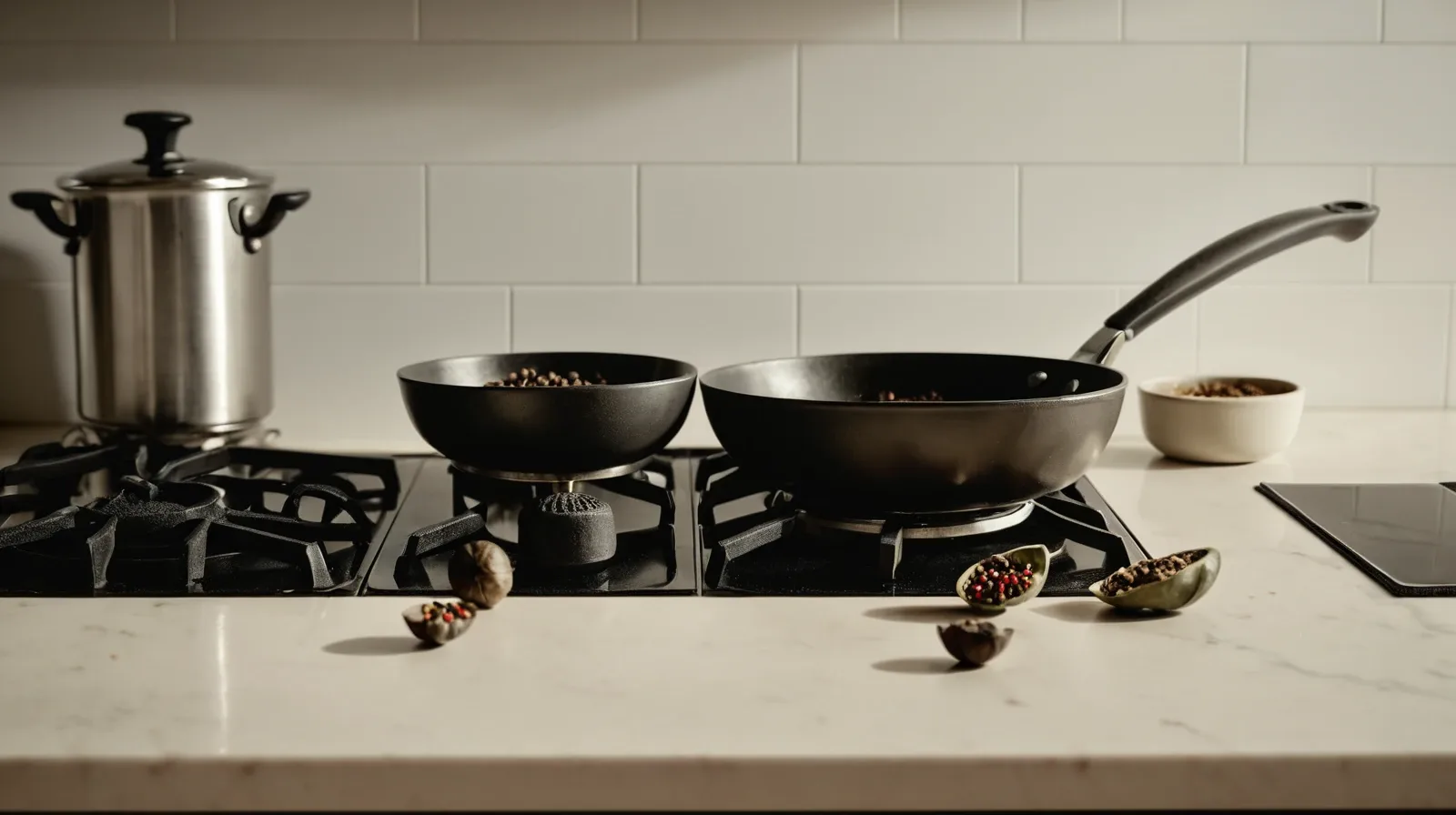 A comparison of freshly cracked black peppercorns next to pre-ground pepper.