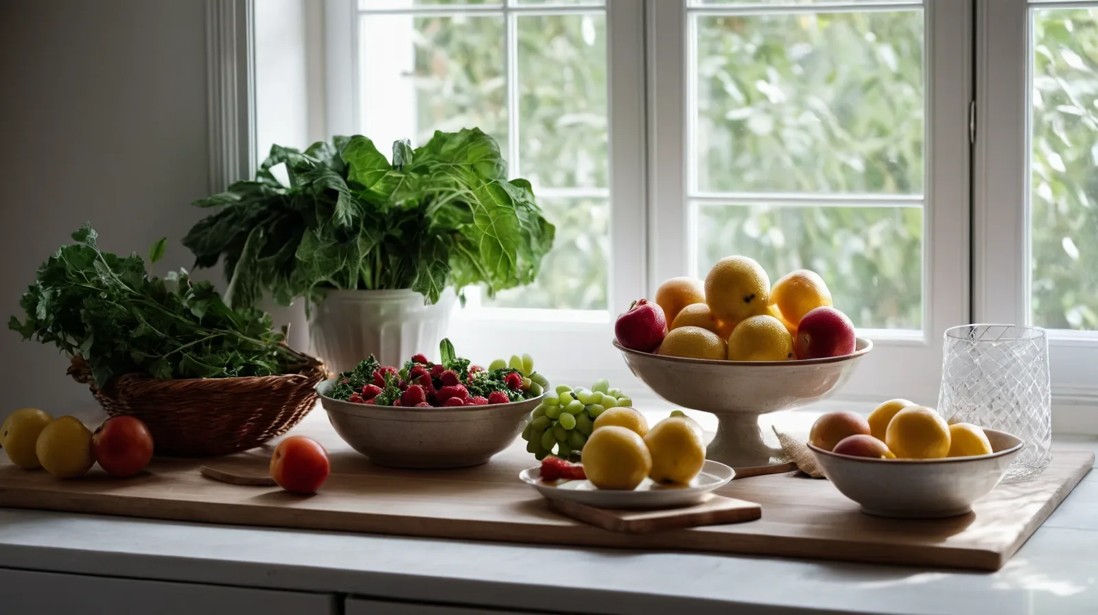 A rustic wooden table with vibrant, healthy versions of classic comfort foods arranged artfully.