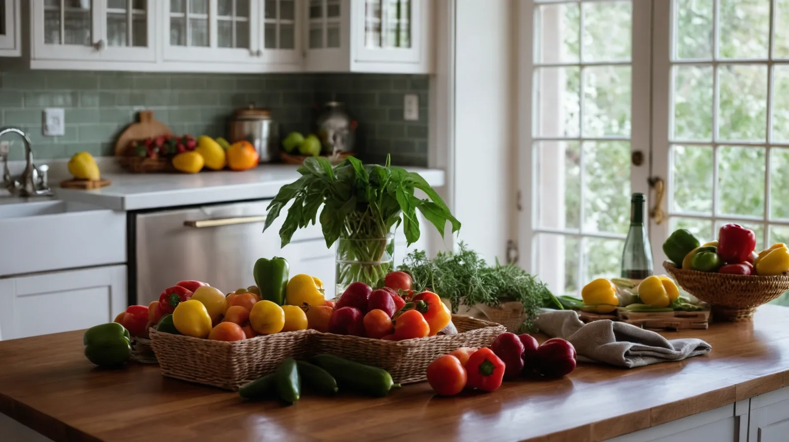 Colorful assortment of fresh vegetables and hummus in a glass bowl