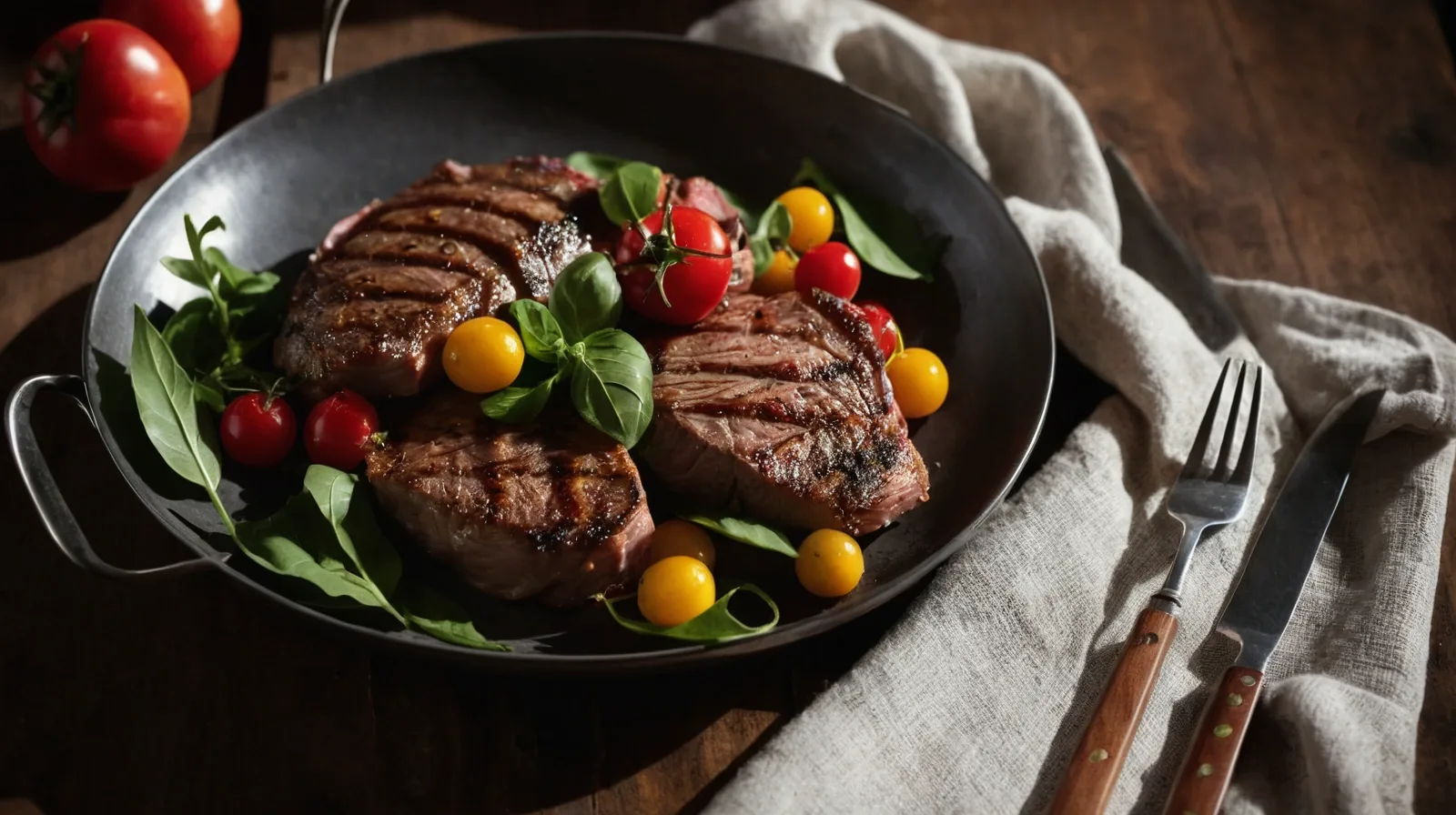 A sizzling steak on a grill next to a slow-cooked pulled pork shoulder
