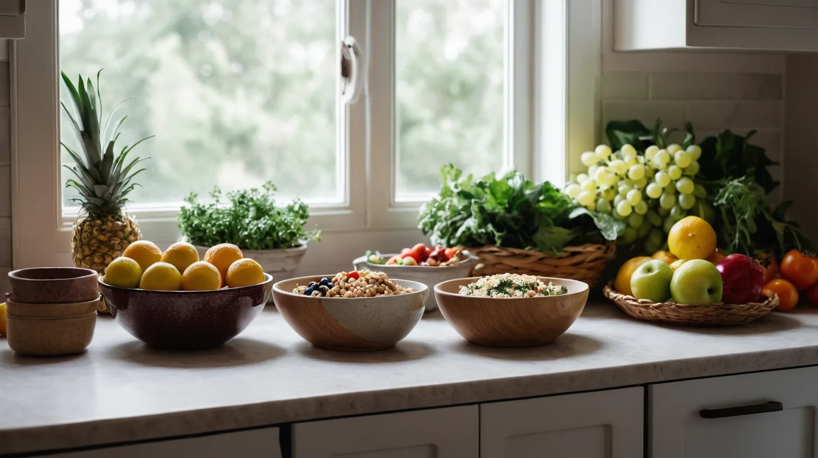 Colorful meal prep bowls with grains, vegetables, and grilled chicken