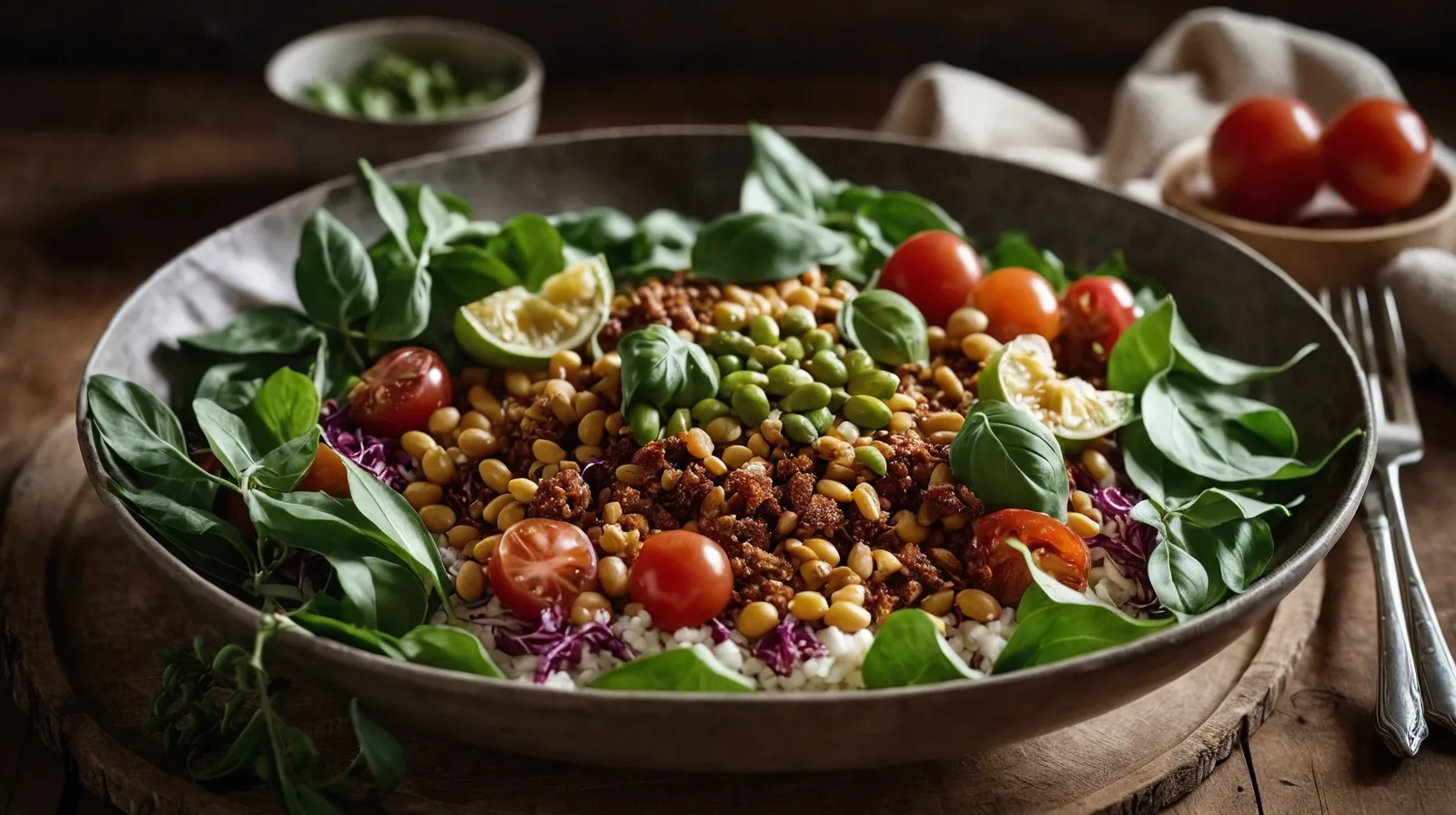 Steaming bowls of diverse, colorful vegetarian dishes on wooden table