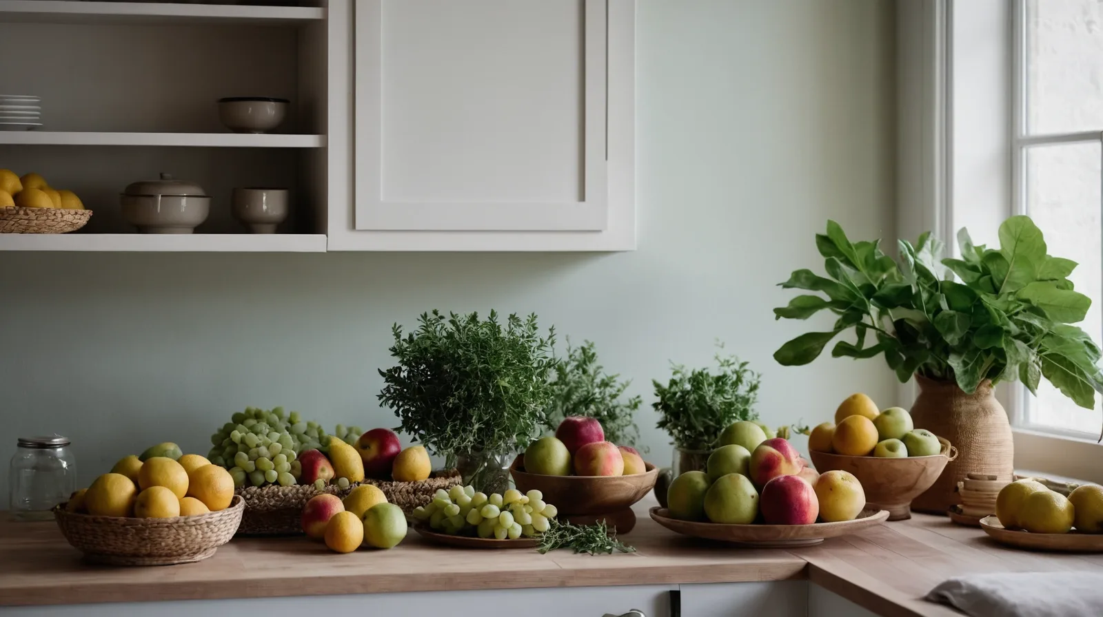 Rustic wooden table set with elegant yet simple dishes and a bouquet of fresh herbs.