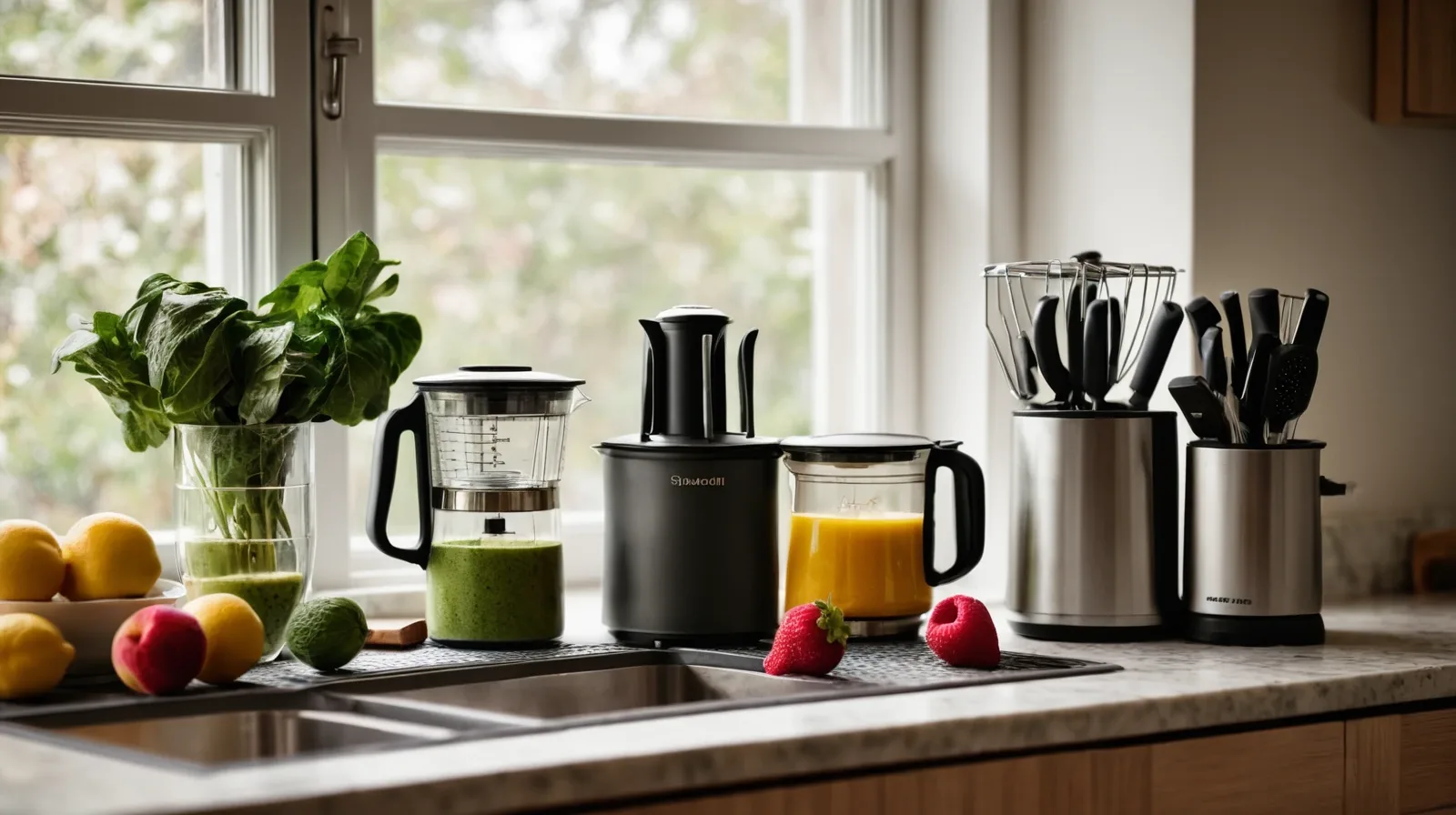 Colorful smoothie in a tall glass with vibrant fruits and leafy greens visible in the mix