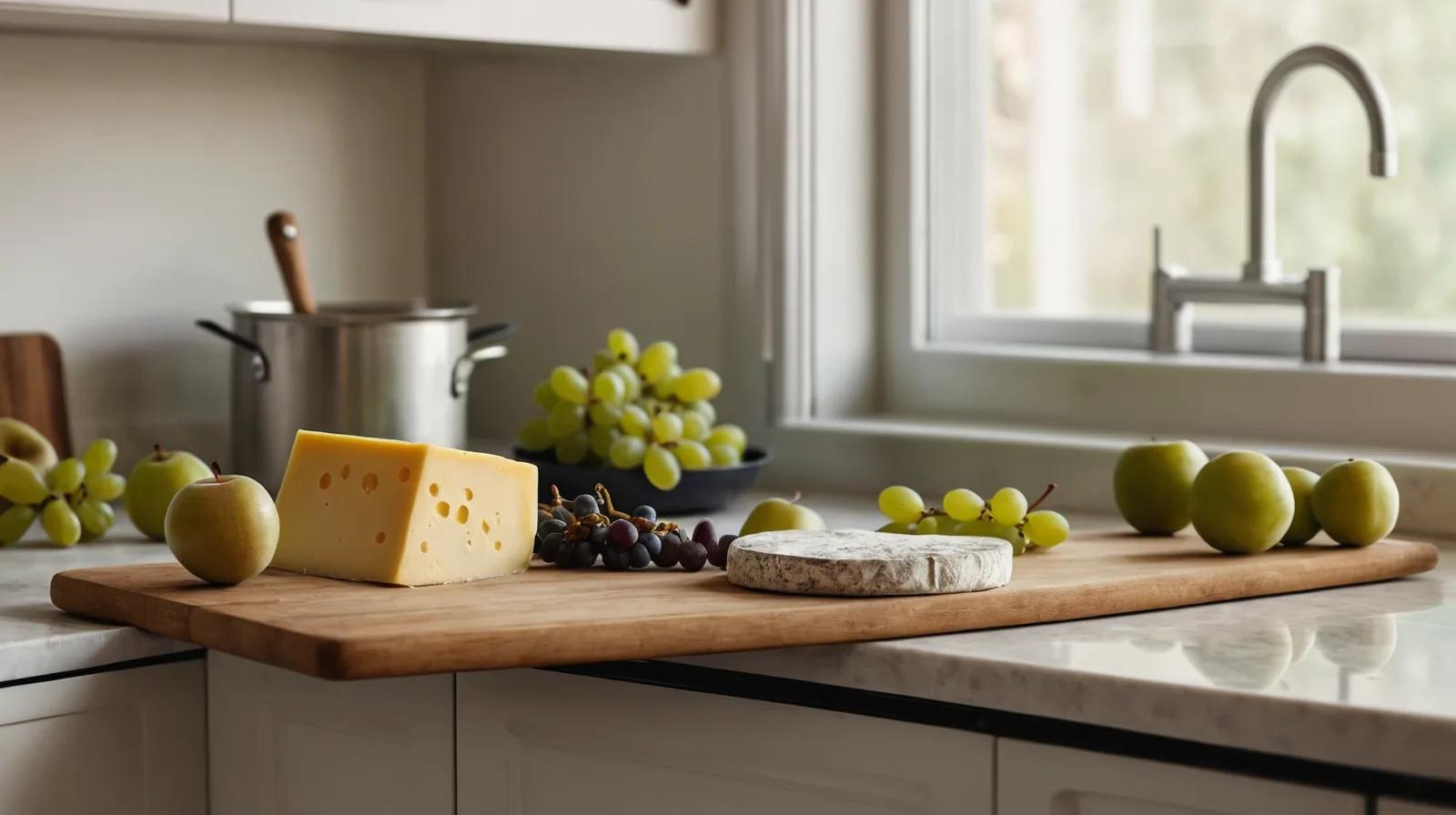 Rustic wooden board with assorted cheeses, fruits, and nuts arranged artfully.