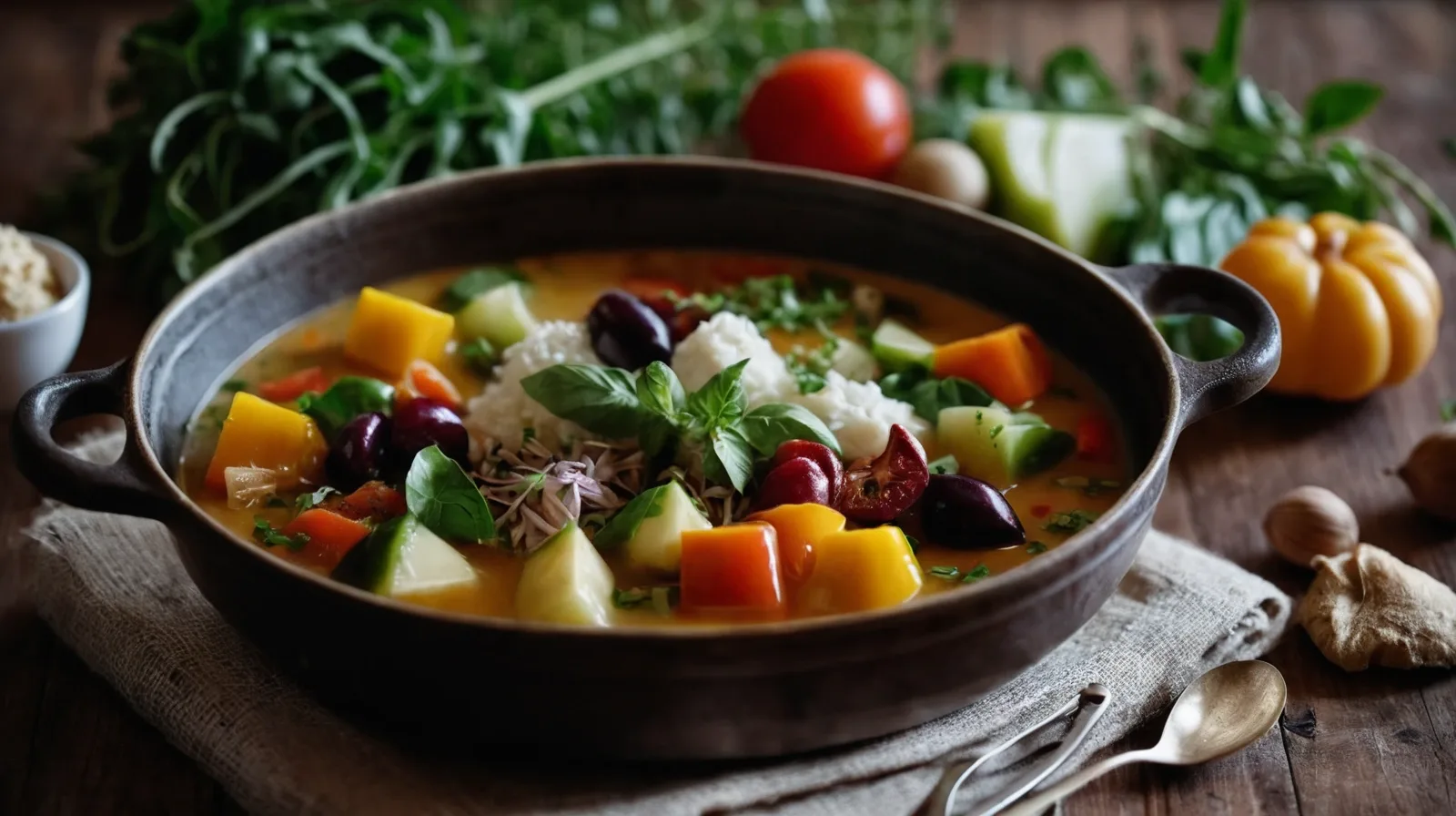 A rustic clay pot filled with a hearty vegetable stew simmering on a wooden stove.