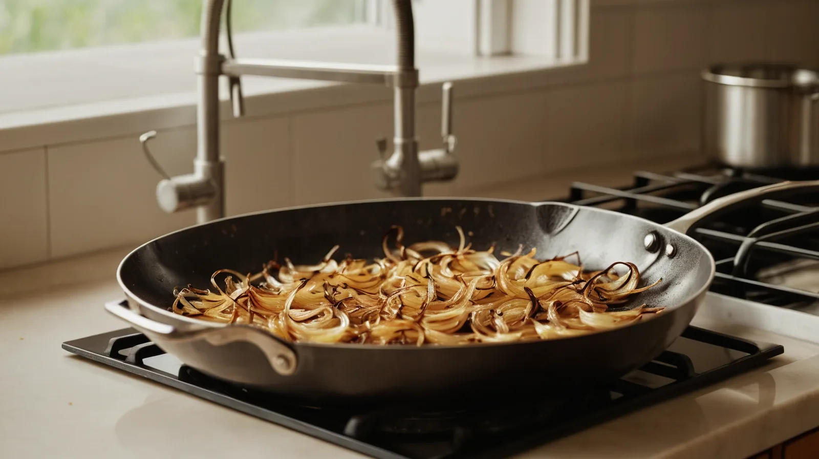 Golden caramelized onions in a stainless steel pan on a stovetop