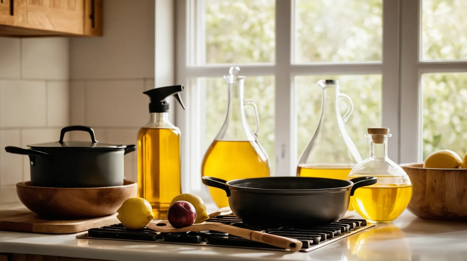 Variety of cooking oils in clear glass bottles on a wooden countertop