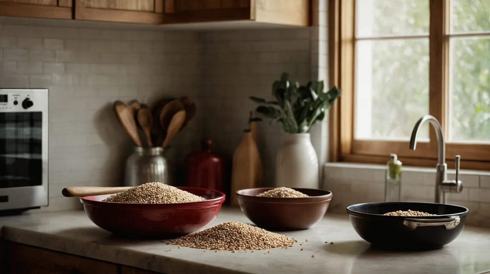 Colorful assortment of cooked grains in a wooden bowl