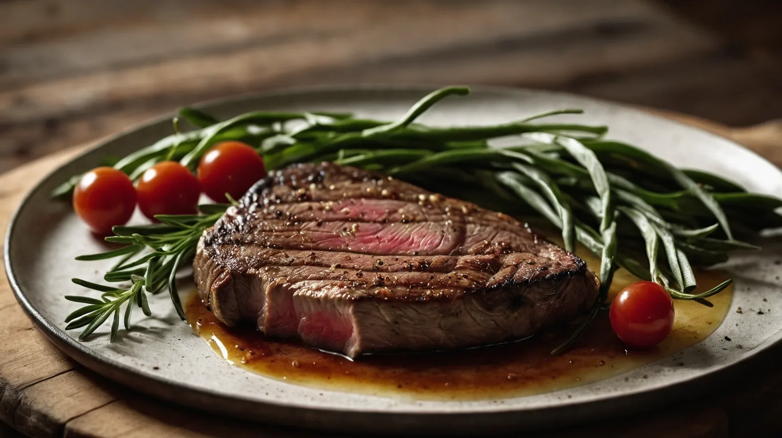 A perfectly seared steak resting on a wooden cutting board with fresh herbs scattered around.