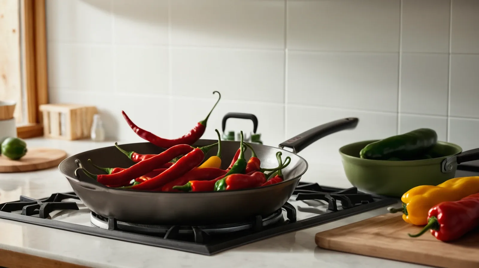 Colorful array of fresh chili peppers on a wooden cutting board