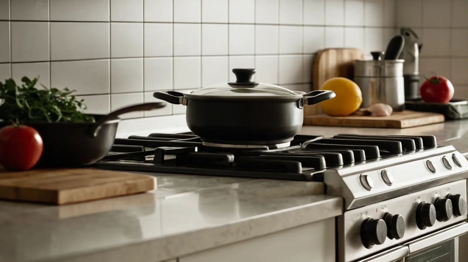 A stainless steel pot filled with vegetables and bones simmering on a stove.