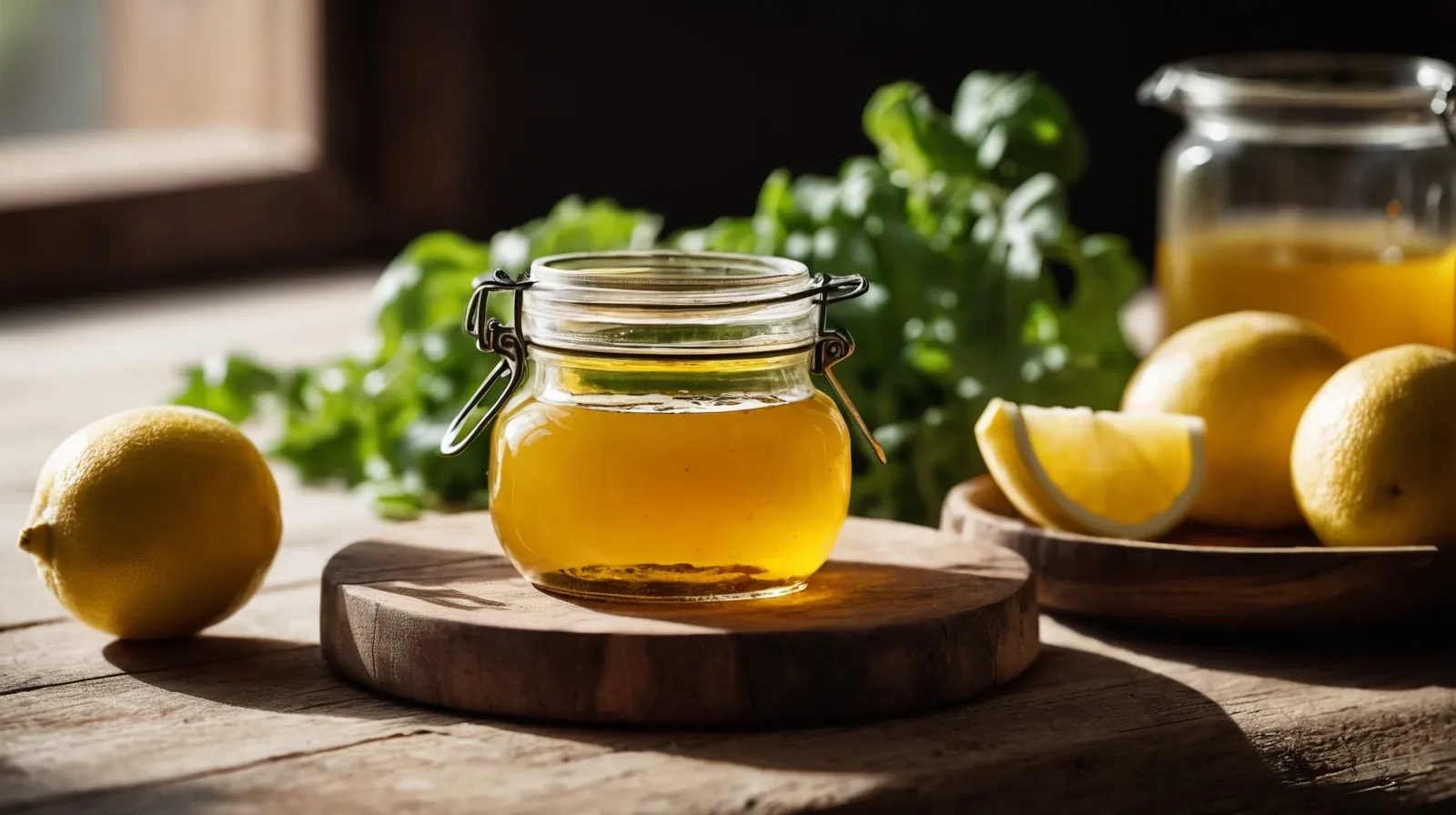 A clear glass jar with layers of oil and vinegar visible, resting on a wooden countertop.