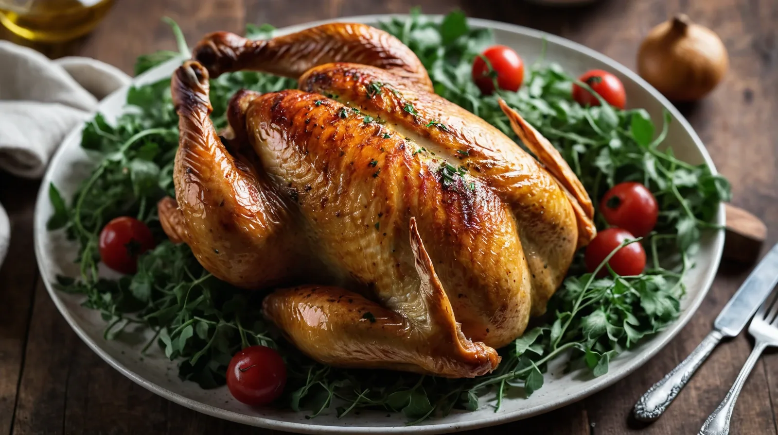A golden rotisserie chicken resting on a wooden cutting board with fresh herbs scattered around.