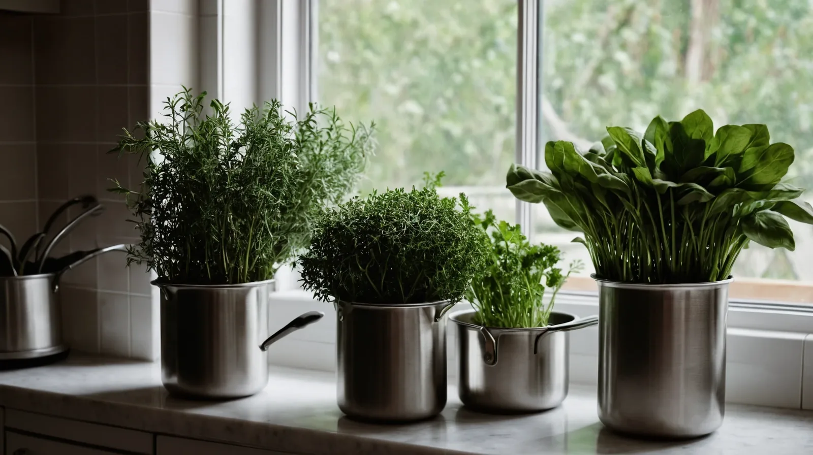 A variety of fresh herbs in a glass of water on a kitchen counter