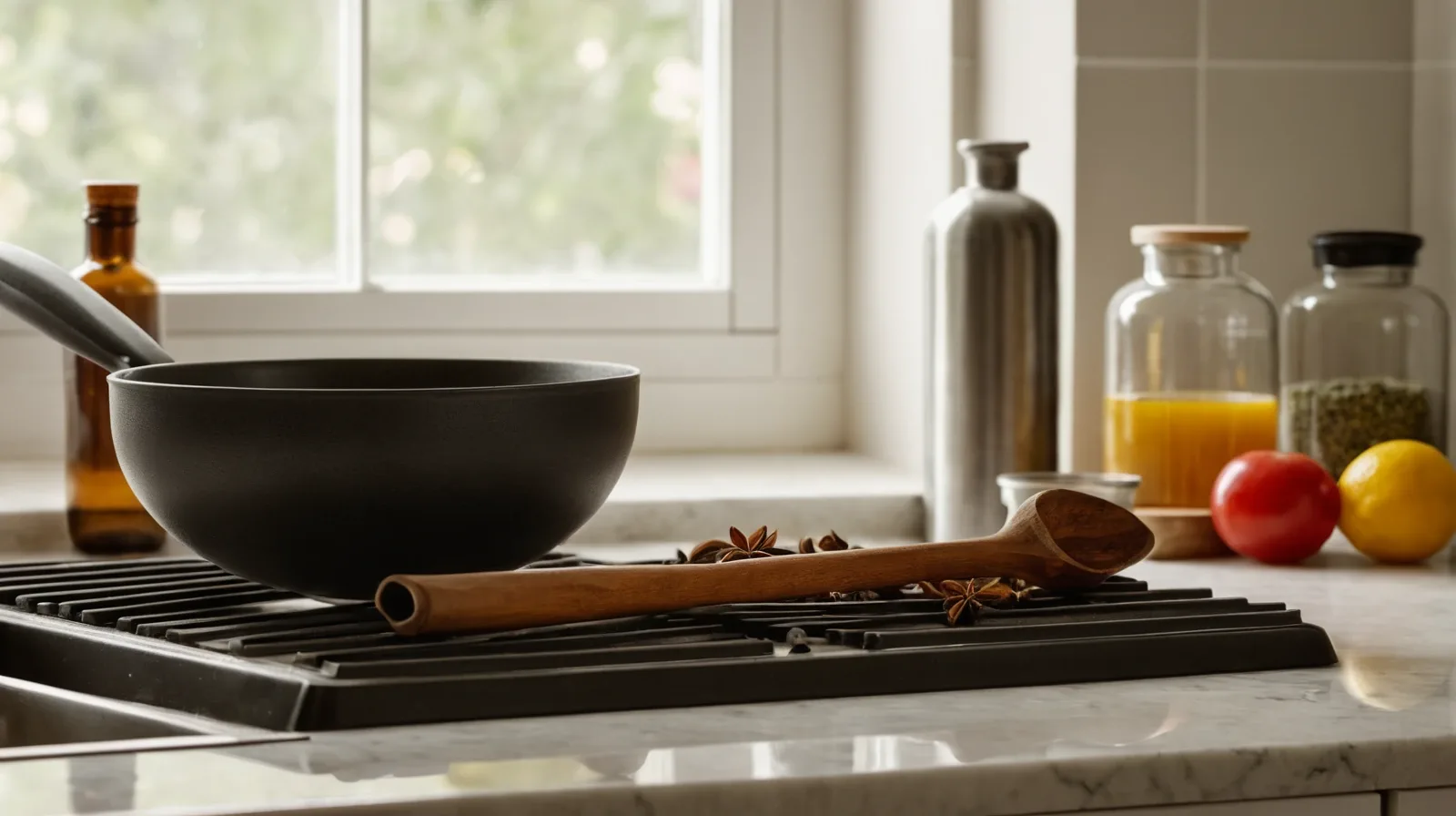 A close-up of whole spices in a hot skillet with aromatic smoke rising