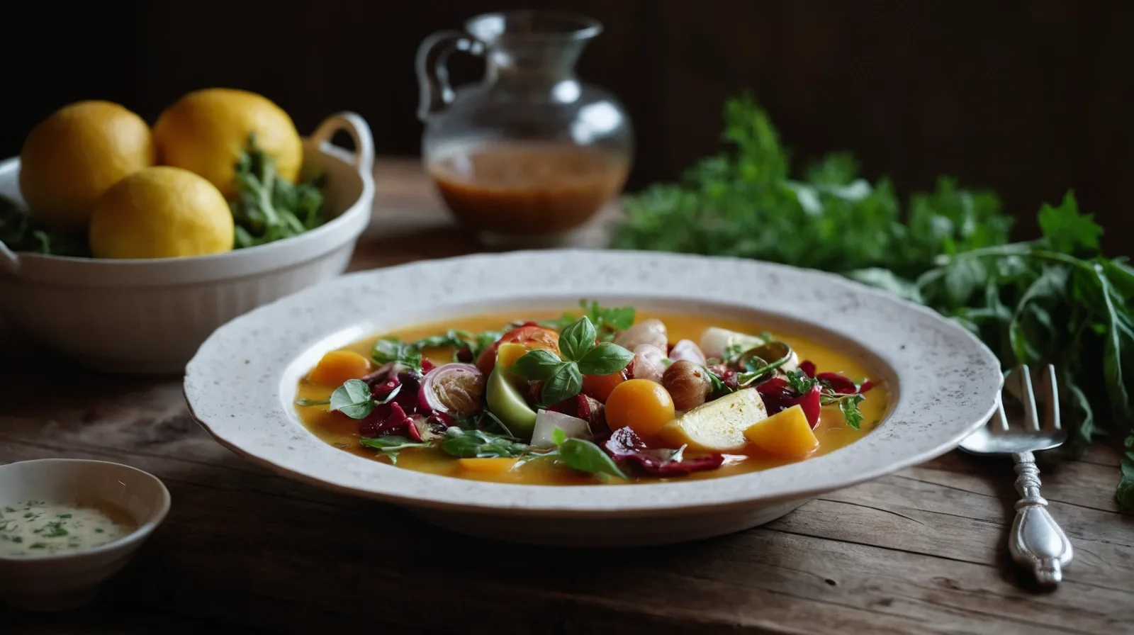 A rustic bowl of mixed vegetable soup with chunks of vegetables and herbs.