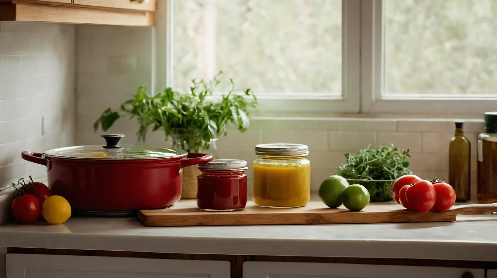A rustic wooden bowl filled with a vibrant red sauce garnished with fresh herbs on a stone countertop.