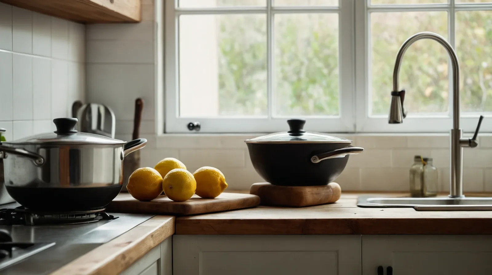 A variety of citrus fruits and bottles of vinegar arranged on a wooden countertop.