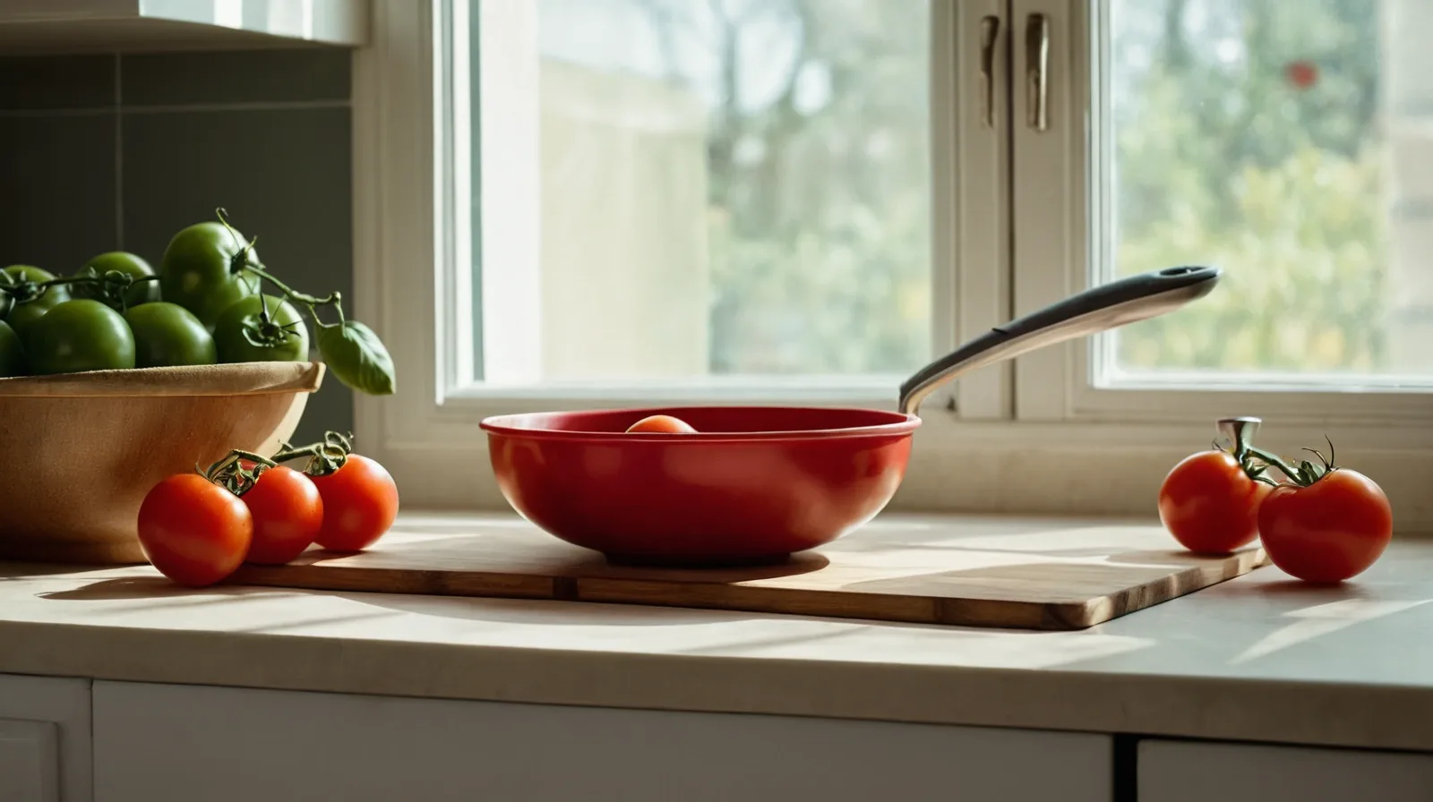 A bowl of fresh tomatoes and a can of whole peeled tomatoes on a wooden kitchen counter.