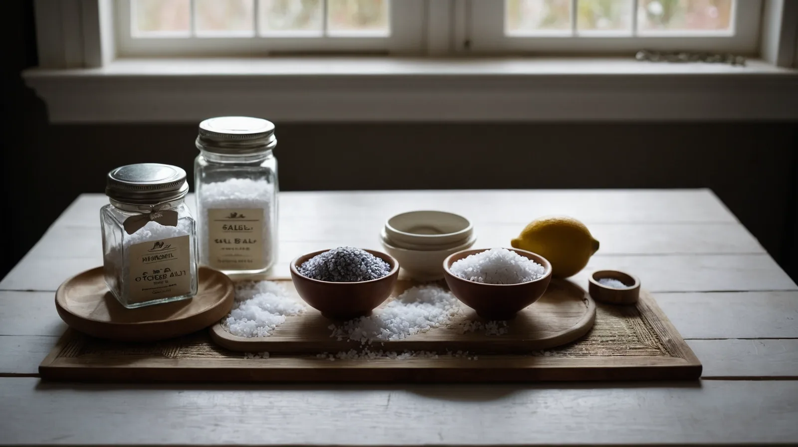 Three piles of different colored salts on a wooden surface