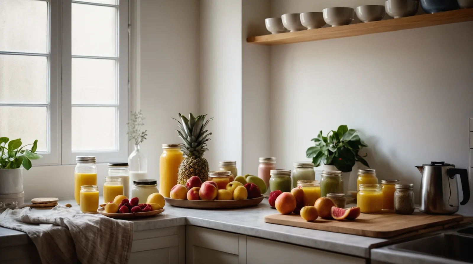 Colorful assortment of breakfast items in glass jars and containers