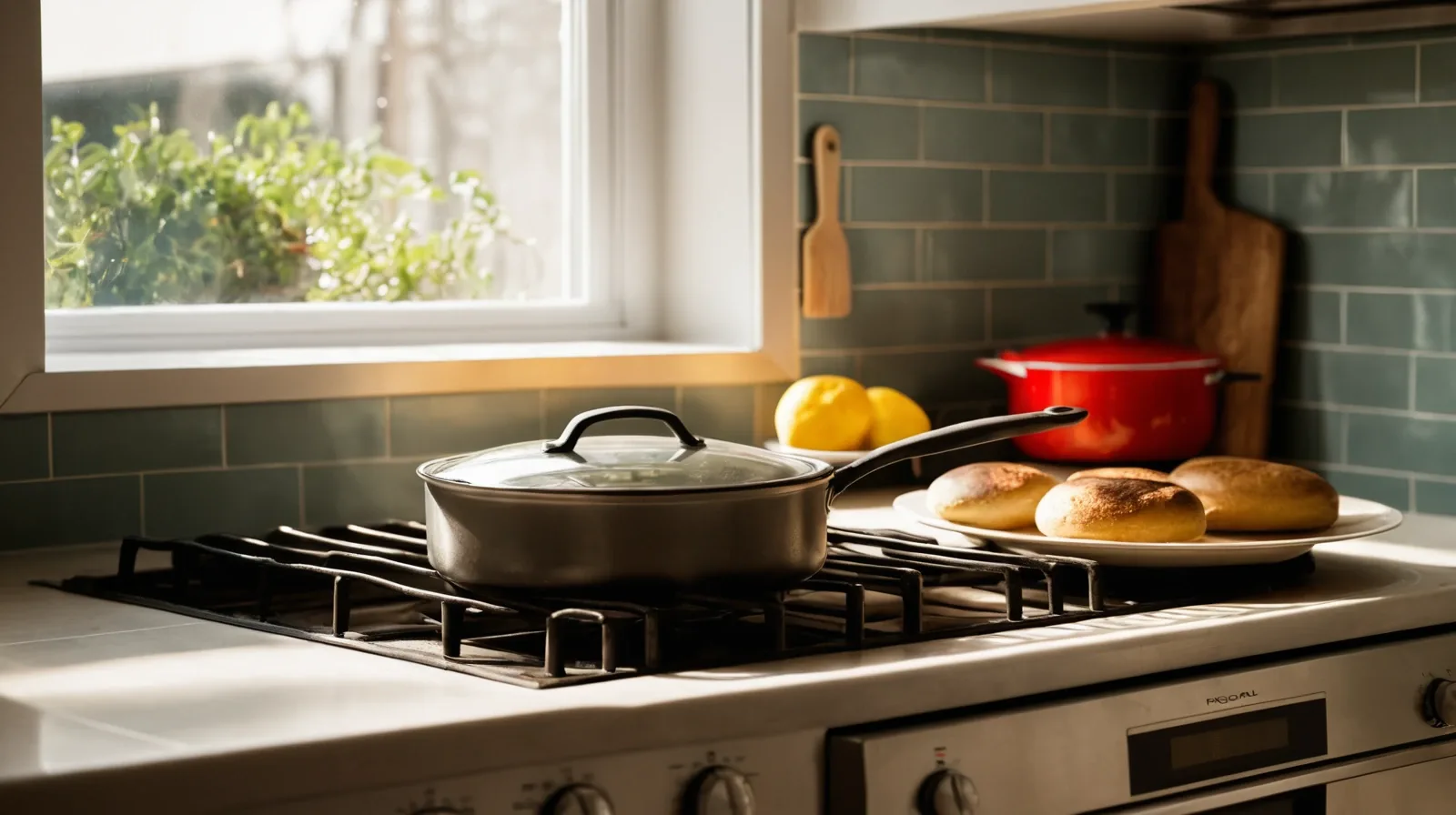 A stainless steel oven with a baking sheet and loaf of bread inside