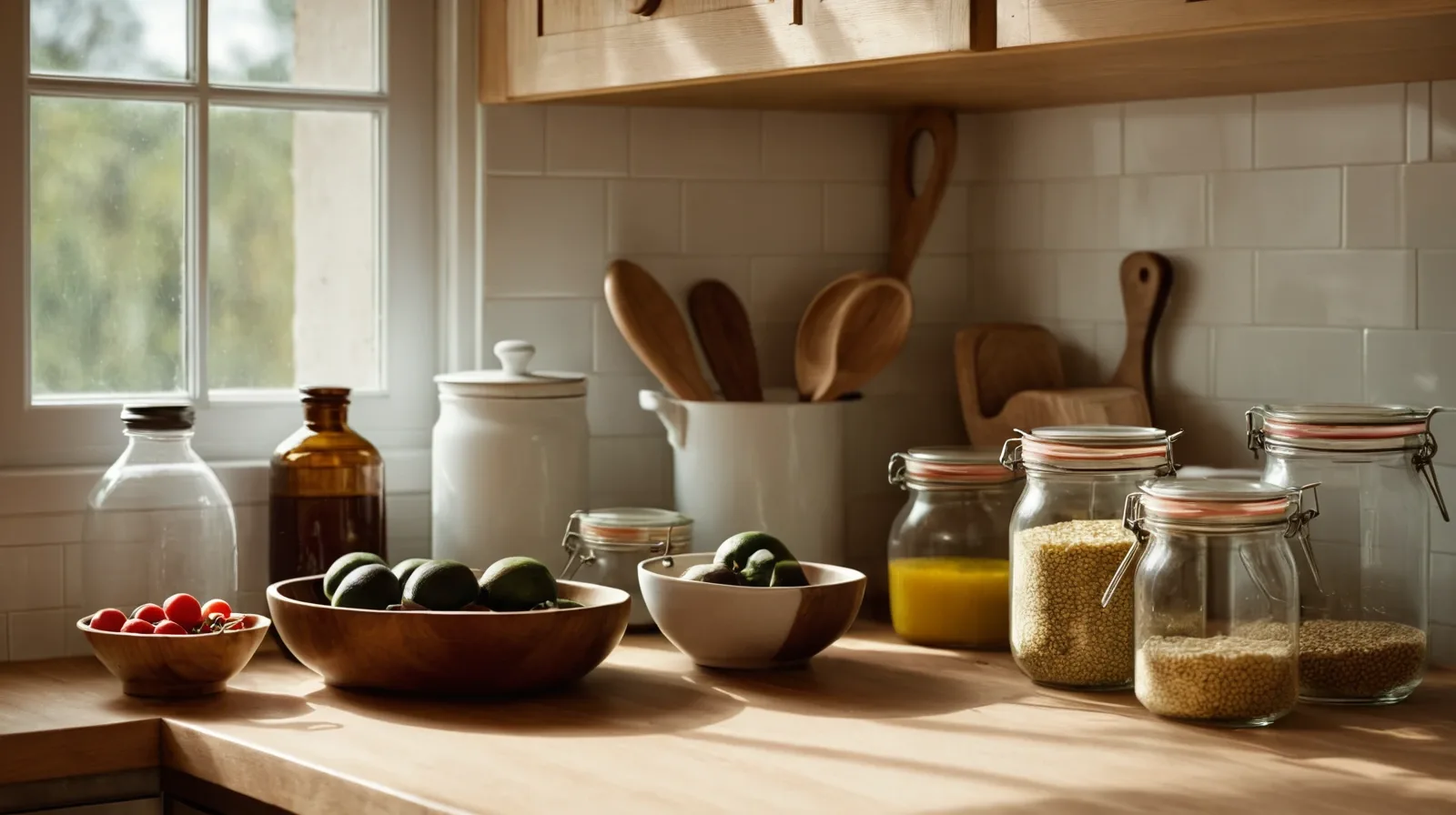 Colorful assortment of canned goods and dry ingredients on a wooden shelf