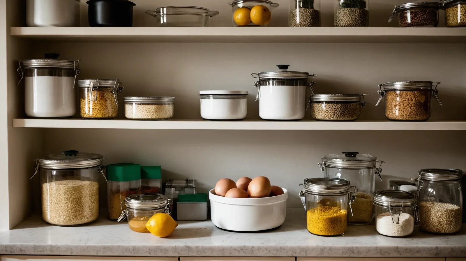 Neatly organized pantry with labeled bins and clear containers