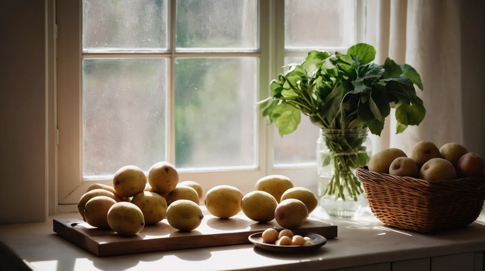 A pile of russet potatoes on a wooden table