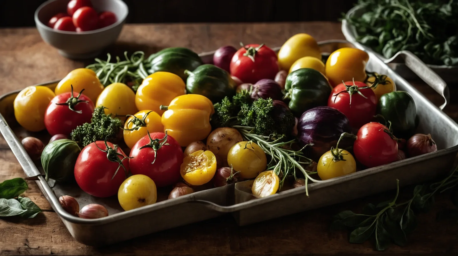 A tray of mixed roasted vegetables with crispy edges and vibrant colors