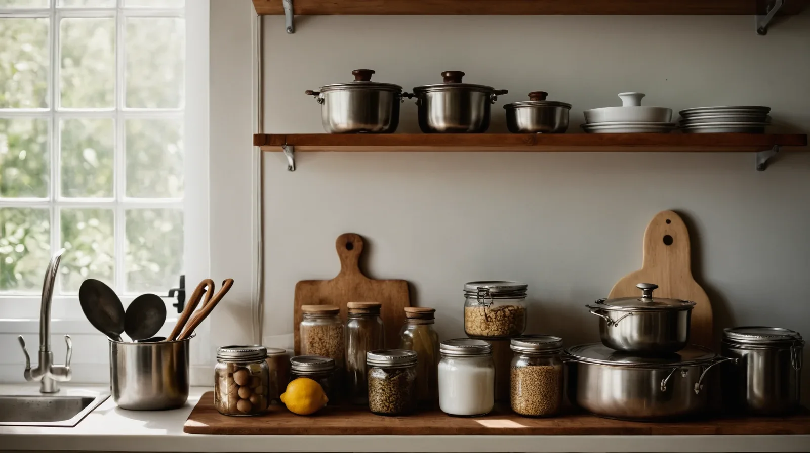 A well-stocked pantry with shelves of jars, cans, and boxes.