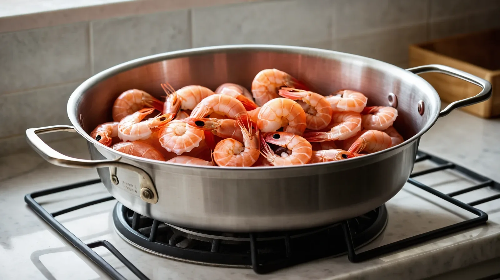 Steamed shrimp in a bamboo steamer over boiling water