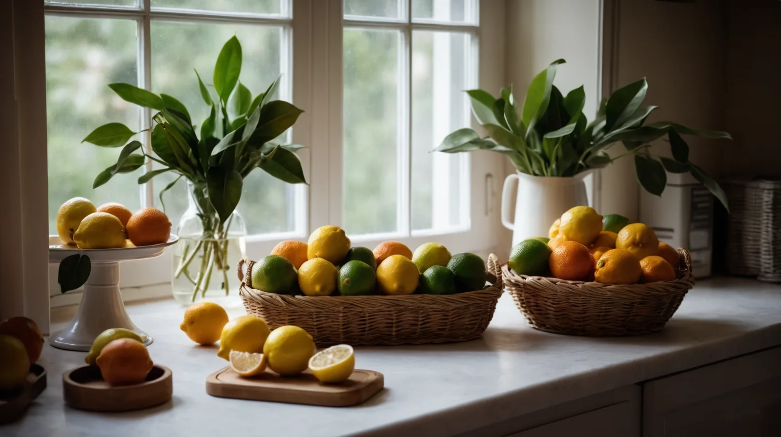 A bowl of assorted citrus fruits on a wooden table