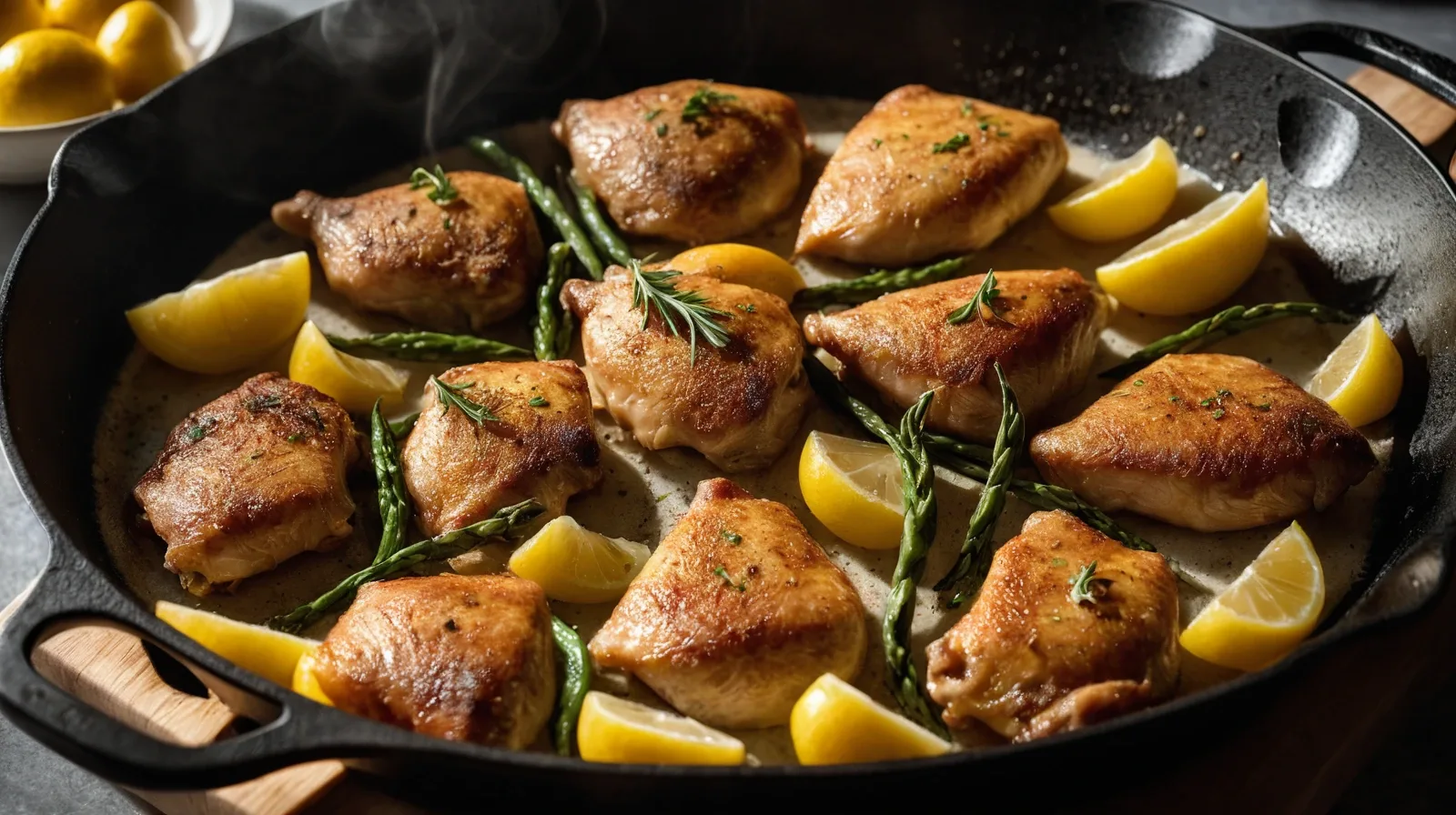 A seasoned cast-iron skillet resting on a wooden countertop.