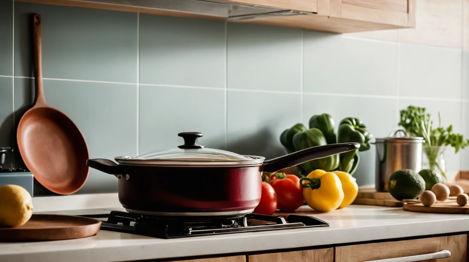 A red slow cooker on a wooden kitchen counter surrounded by fresh vegetables.
