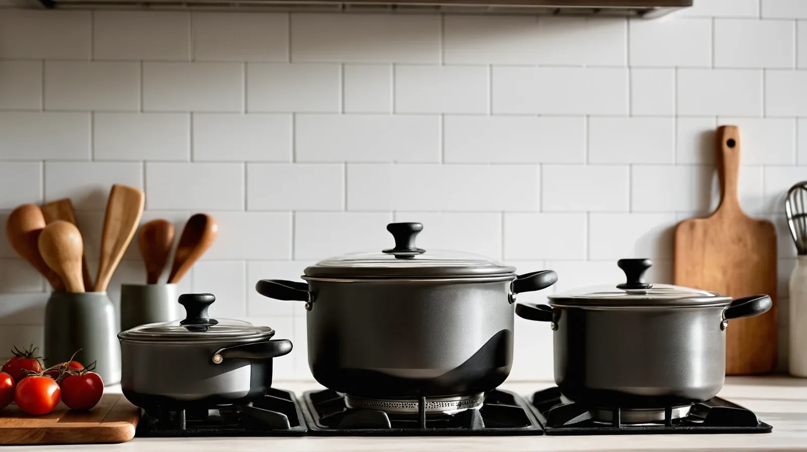 A Dutch oven and stockpot side by side on a wooden counter